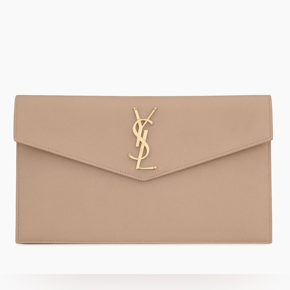 NEW Saint Laurent UPTOWN POUCH IN GRAIN DE POUDRE LEATHER DARK BEIGE